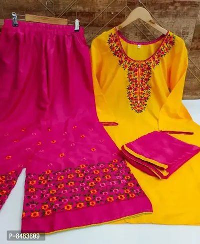 Classic Rayon Embroidered Kurta, Bottom And Dupatta Set For Women