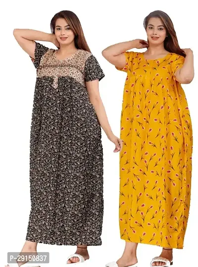 Elegant Multicoloured Cotton Printed Nighty For Women Pack of 2-thumb0