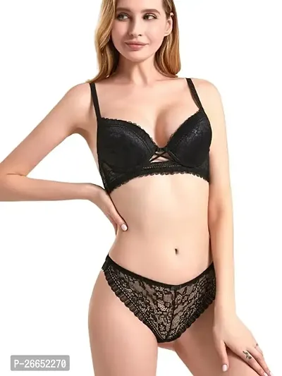 Black Cotton Blend Bra  Panty Set For Women