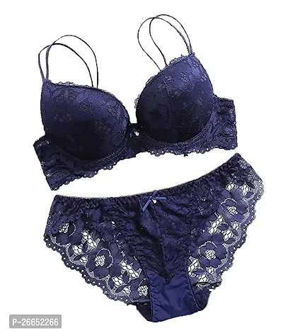 Blue Cotton Blend Bra  Panty Set For Women-thumb0