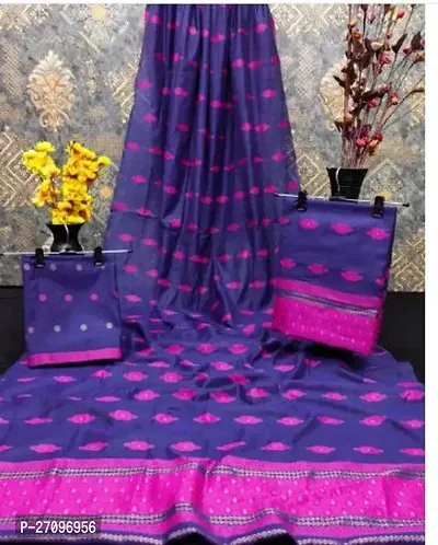 Beautiful Blue Cotton Blend Woven Design Saree with Blouse Piece For Women