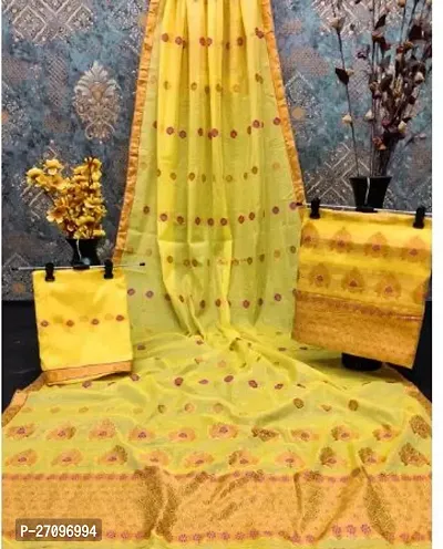 Beautiful Yellow Cotton Blend Woven Design Saree with Blouse Piece For Women