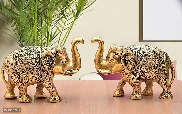 Metal Elephant Statue Small Size Gold Polish Decorate for Your Home, Office Table Decorative  Gift Article, Animal Showpiece Figurines ( Set of 2 )-thumb0