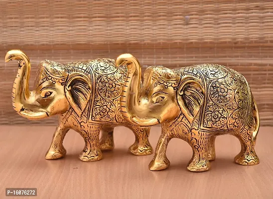 Metal Elephant Statue Small Size Gold Polish Decorate for Your Home, Office Table Decorative  Gift Article, Animal Showpiece Figurines ( Set of 2 )-thumb2