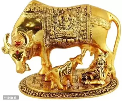 CHANDRA ART COLLECTION Metal Good Luck Holy Cow With Calf Statue(GOLDEN COLOR)-thumb0