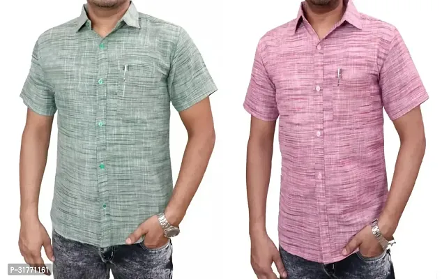 Stylish Multicoloured Khadi Cotton Casual Shirt For Men Pack Of 2-thumb0