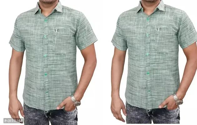 Stylish Green Khadi Cotton Casual Shirt For Men Pack Of 2-thumb0