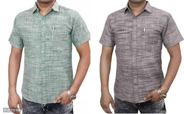 Stylish Multicoloured Khadi Cotton Casual Shirt For Men Pack Of 2-thumb0