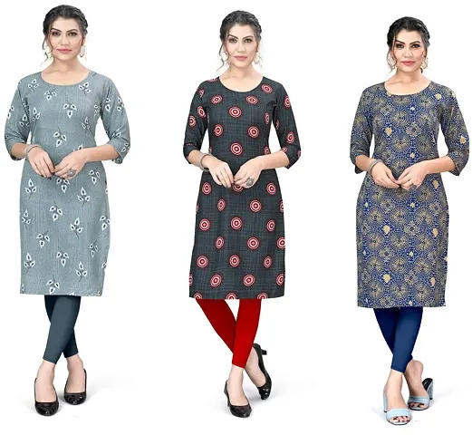 Stylish Crepe Printed A-Line Kurtis - Pack Of 3