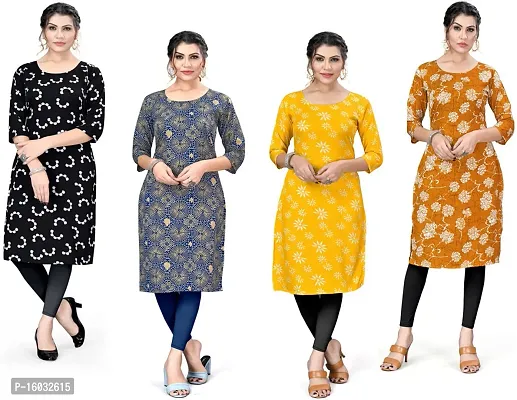 Stylish A-Line Multicoloured Printed Crepe Kurta Pack Of 4