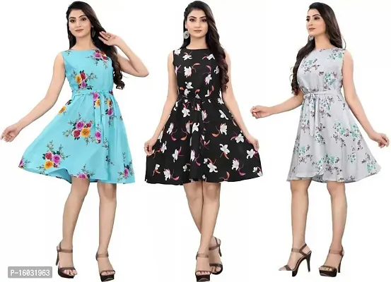 Stylish Multicoloured Crepe Printed A-Line Dress For Women Pack Of 3