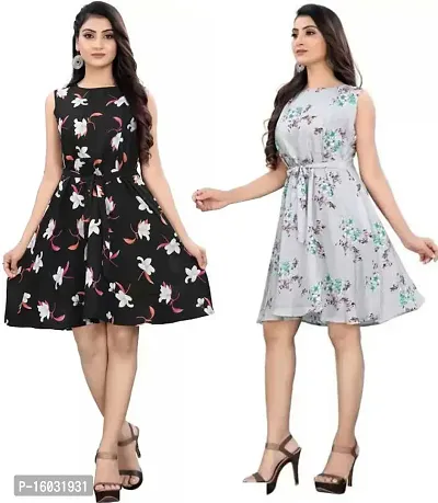 Stylish Multicoloured Crepe Printed A-Line Dress For Women Pack Of 2