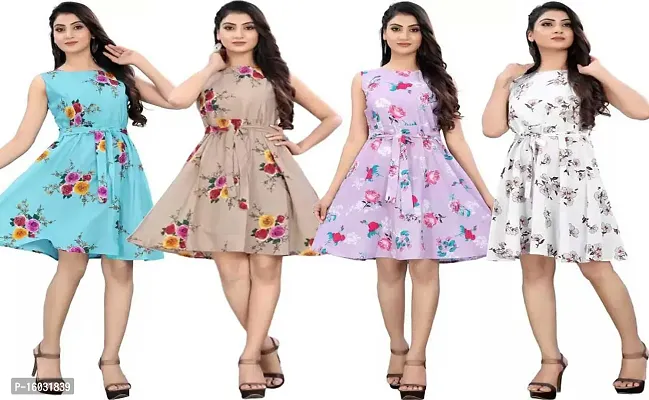 Stylish Multicoloured Crepe Printed A-Line Dress For Women Pack Of 4