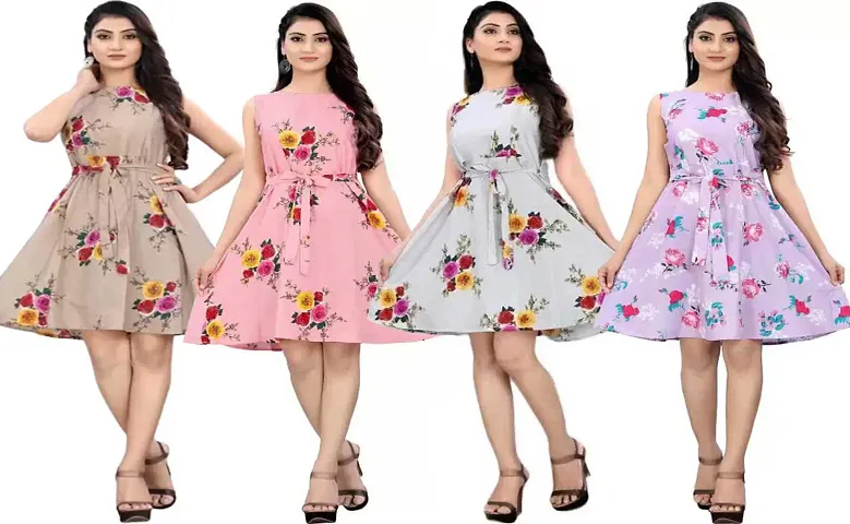 Stylish Multicoloured Crepe Printed A-Line Dress For Women Pack Of 4