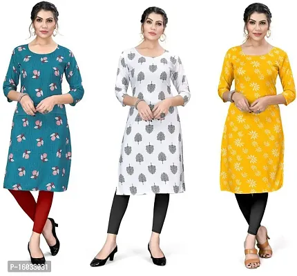 Stylish A-Line Multicoloured Printed Crepe Kurta Pack Of 3-thumb0