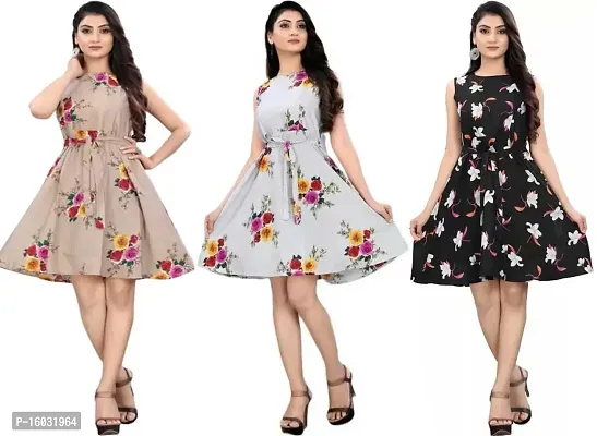 Stylish Multicoloured Crepe Printed A-Line Dress For Women Pack Of 3