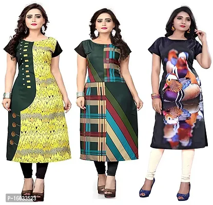 Stylish Straight Multicoloured Printed Crepe Kurta Pack Of 3