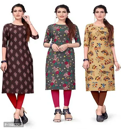 Stylish A-Line Multicoloured Printed Crepe Kurta Pack Of 3