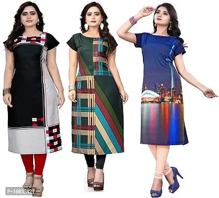 Stylish Straight Multicoloured Printed Crepe Kurta Pack Of 3