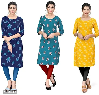 Stylish A-Line Multicoloured Printed Crepe Kurta Pack Of 3-thumb0