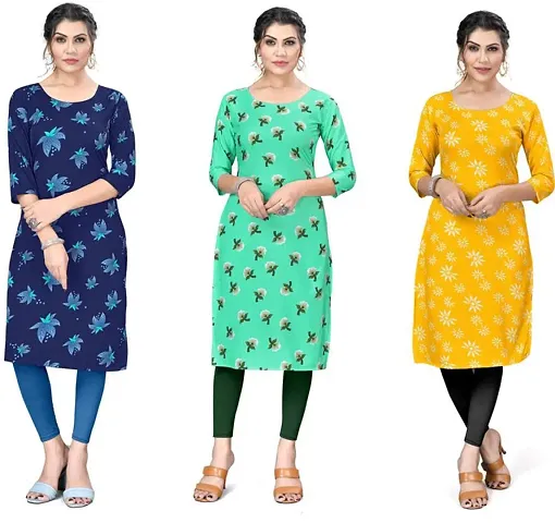 Stylish A-Line Multicoloured Printed Crepe Kurta Combo Of 3