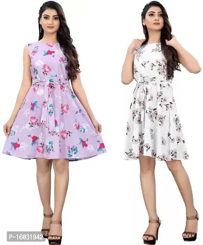 Stylish Multicoloured Crepe Printed A-Line Dress For Women Pack Of 2