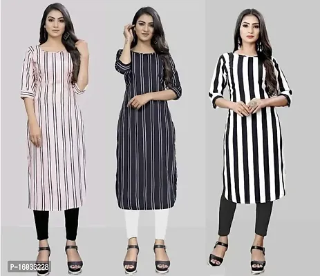 Stylish Straight Multicoloured Striped Crepe Kurta Pack Of 3