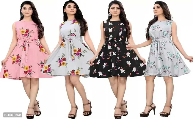 Stylish Multicoloured Crepe Printed A-Line Dress For Women Pack Of 4-thumb0