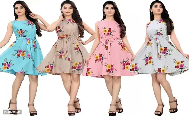 Stylish Multicoloured Crepe Printed A-Line Dress For Women Pack Of 4