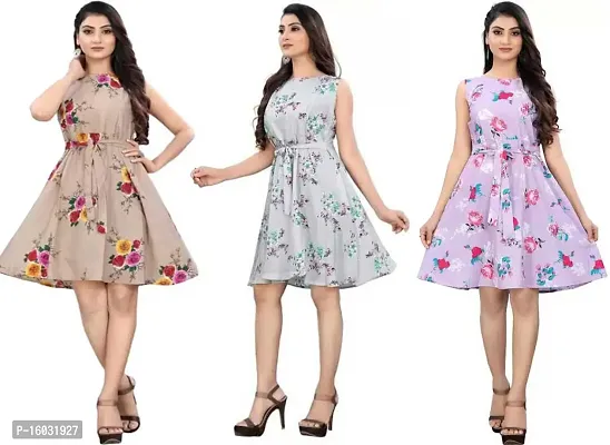 Stylish Multicoloured Crepe Printed A-Line Dress For Women Pack Of 3