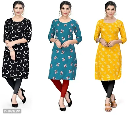 Stylish A-Line Multicoloured Printed Crepe Kurta Pack Of 3-thumb0