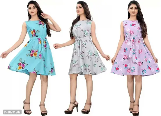 Stylish Multicoloured Crepe Printed A-Line Dress For Women Pack Of 3-thumb0