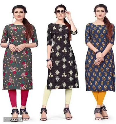 Stylish A-Line Multicoloured Printed Crepe Kurta Pack Of 3-thumb0