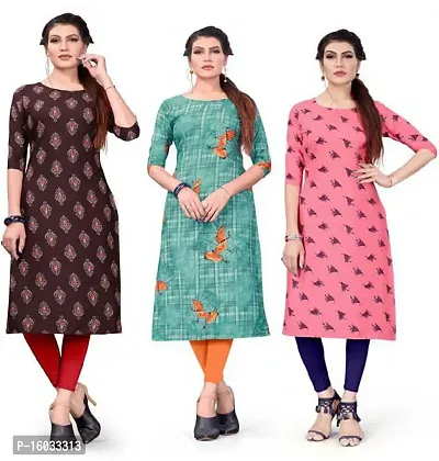 Stylish Straight Multicoloured Printed Crepe Kurta Pack Of 3