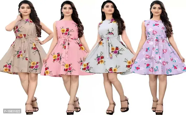 Stylish Multicoloured Crepe Printed A-Line Dress For Women Pack Of 4-thumb0