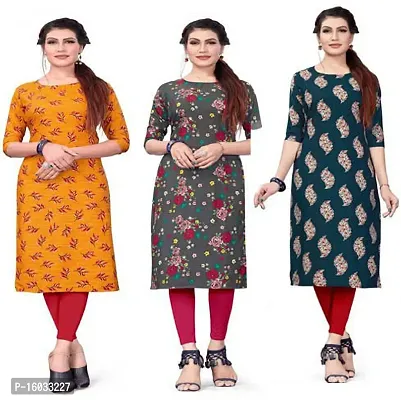 Stylish A-Line Multicoloured Printed Crepe Kurta Pack Of 3