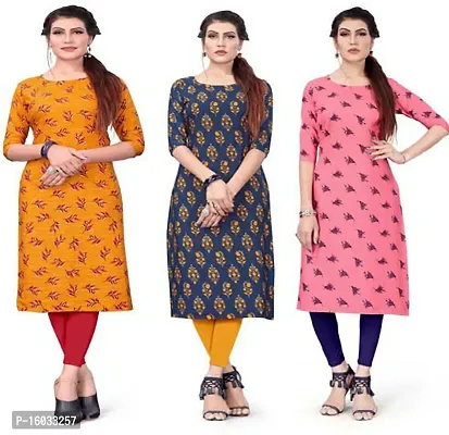 Stylish A-Line Multicoloured Printed Crepe Kurta Pack Of 3-thumb0