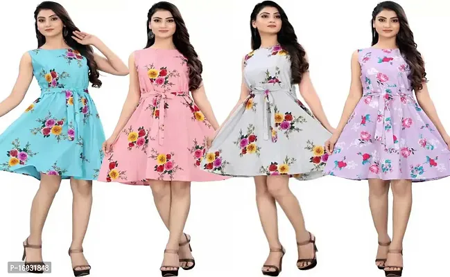 Stylish Multicoloured Crepe Printed A-Line Dress For Women Pack Of 4