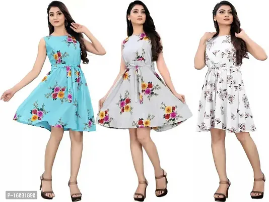 Stylish Multicoloured Crepe Printed Fit And Flare Dress For Women Pack Of 3