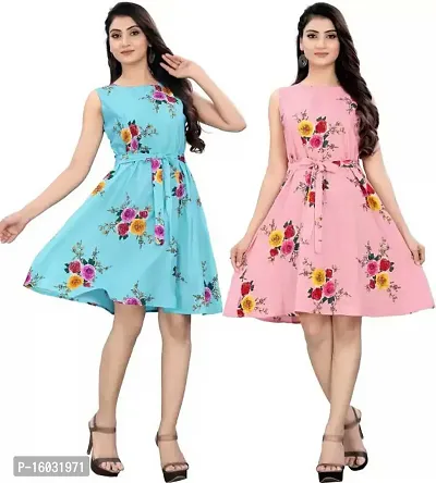 Stylish Multicoloured Crepe Printed A-Line Dress For Women Pack Of 2