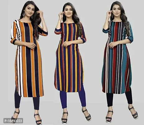 Stylish A-Line Multicoloured Striped Crepe Kurta Pack Of 3