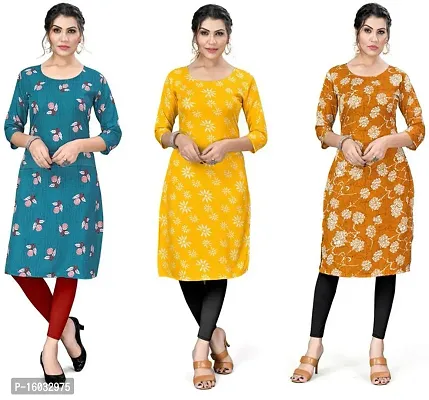 Stylish A-Line Multicoloured Printed Crepe Kurta Pack Of 3-thumb0