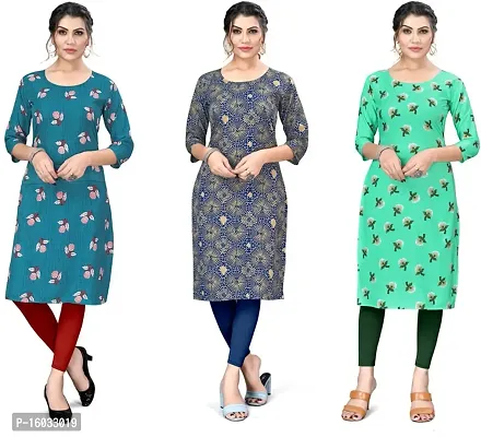 Stylish A-Line Multicoloured Printed Crepe Kurta Pack Of 3-thumb0