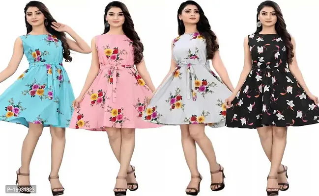 Stylish Multicoloured Crepe Printed A-Line Dress For Women Pack Of 4