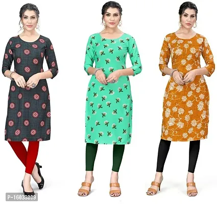 Stylish A-Line Multicoloured Printed Crepe Kurta Pack Of 3-thumb0