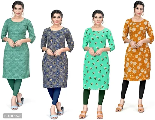 Stylish A-Line Multicoloured Printed Crepe Kurta Pack Of 4