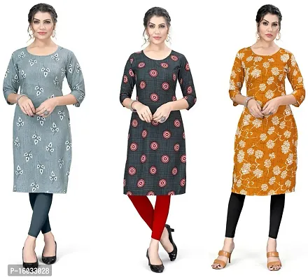 Stylish A-Line Multicoloured Printed Crepe Kurta Pack Of 3-thumb0