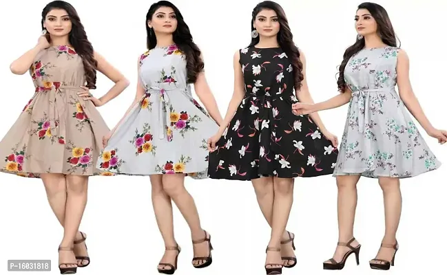 Stylish Multicoloured Crepe Printed A-Line Dress For Women Pack Of 4