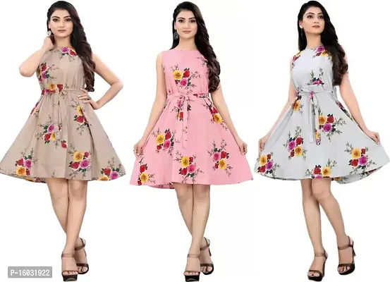 Stylish Multicoloured Crepe Printed A-Line Dress For Women Pack Of 3