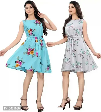 Stylish Multicoloured Crepe Printed A-Line Dress For Women Pack Of 2